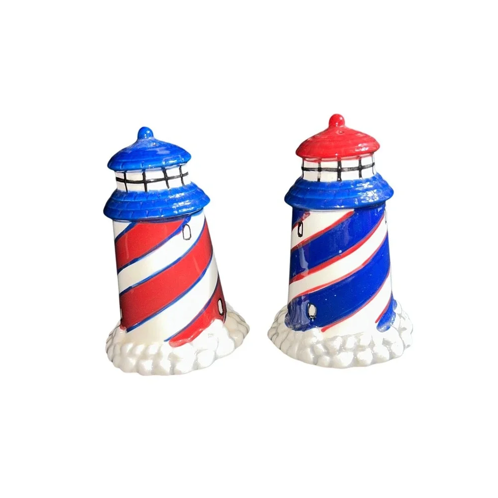 Nautical‎ Lighthouse Salt Pepper Shakers Red Blue White Ceramic Coastal Decor
